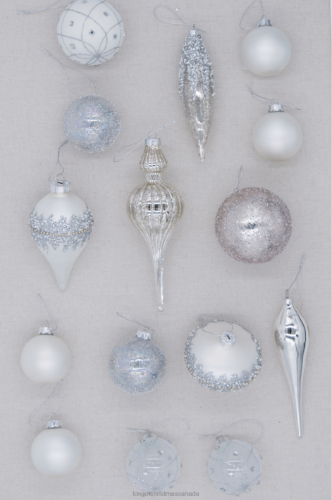 King of Christmas Accessories Winter Frost 15-Piece Glass Ornament Set (White-Silver) DBVN123