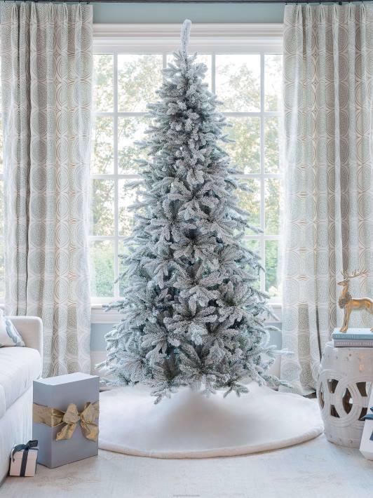 King of Christmas Accessories 7.5' Queen Flock Slim Artificial Christmas Tree With 650 Warm White LED Lights DBVN1
